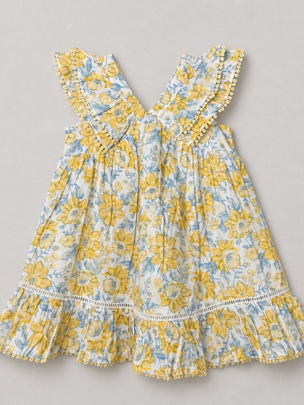 Sincerely Jules white yellow blue floral print ruffle dress with gold accents